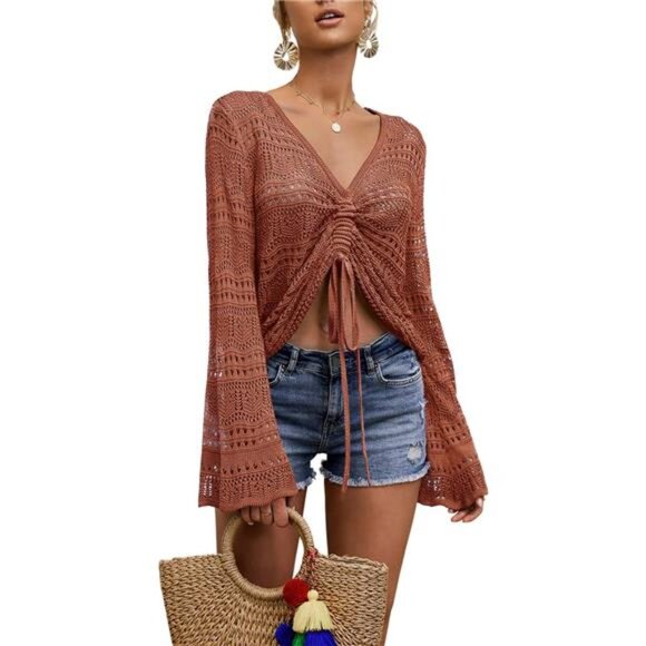 Cropped Hollow Out Knit Sweater – V-Neck Drawstring Bell Sleeve Cover-Up - Picture 2 of 4